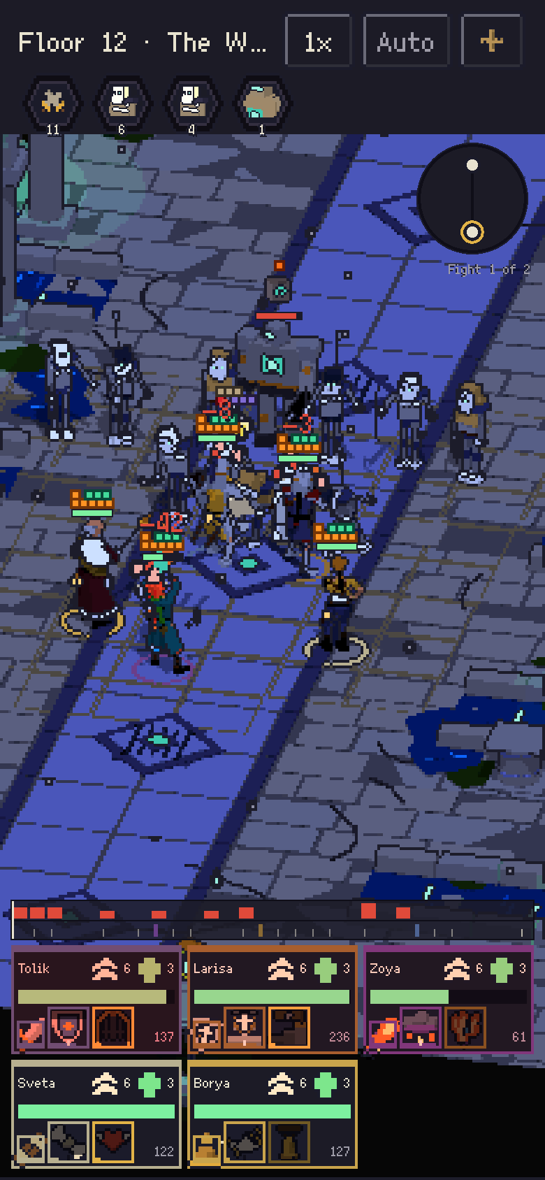 A fight on floor 12: five heroes in a crowd of foes