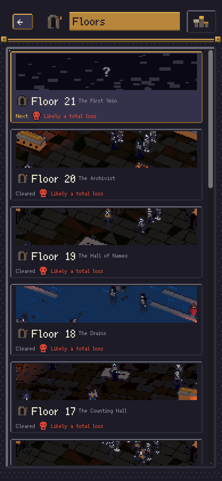 The list of the pit's floors, each with its picture and how likely a squad is to come back