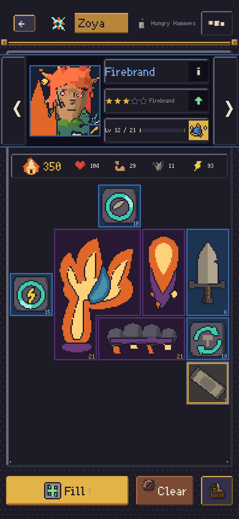 A hero's page: her face, her class and the kit grid with the gear she carries