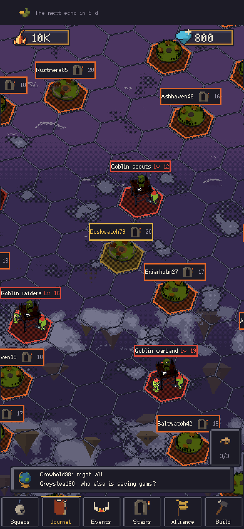 The world map: other players' islands and goblin camps at dusk